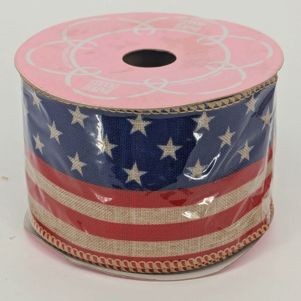 Linen Red Blue Flag Striped Star Wired Party Decorations Ribbon 2.5" 4 July 🇺🇸